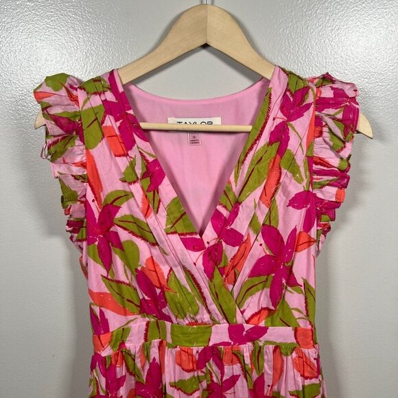 Taylor Lawn Mini Dress Size Small Pink Floral Tropical Vacation Resort Flutter - Picture 5 of 12